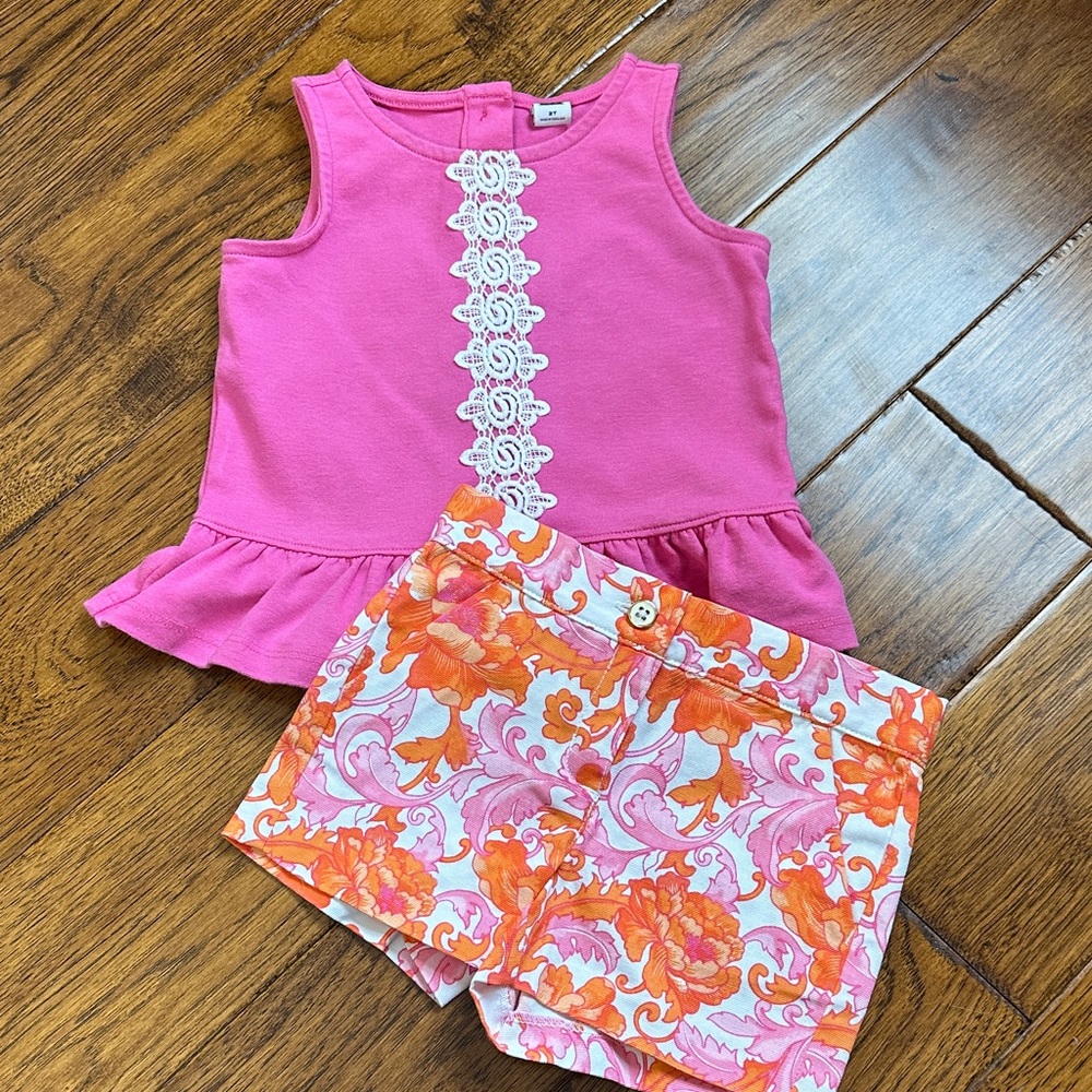 Pink Top and Orange Floral Shorts Set